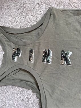 Pink Victorias Secret Army Green Tank Sequence Logo Sz XS Athletic Workout 2010s